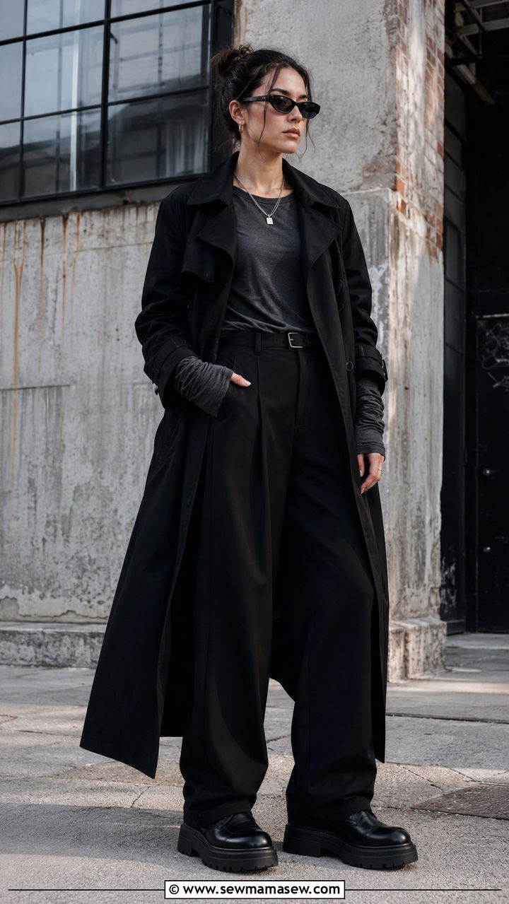 Black Trench Coat with Wide Leg Pants and Chunky Boots - 25 Black trench coat outfit ideas with wide leg pants