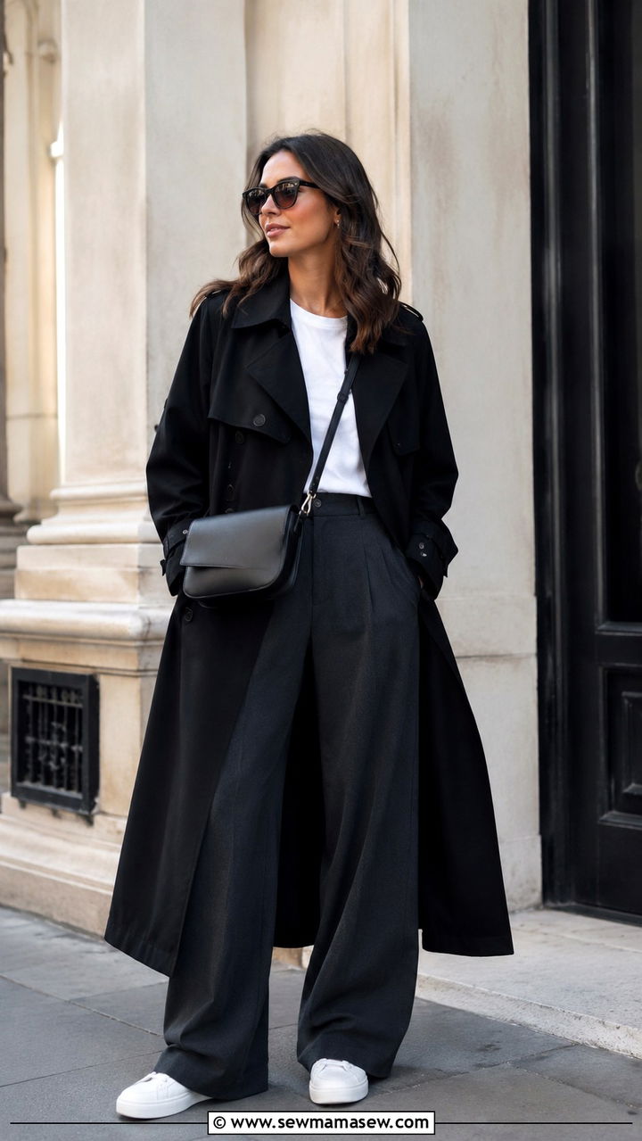 Black Trench Coat with Wide Leg Pants and Crossbody Bag - 25 Black trench coat outfit ideas with wide leg pants