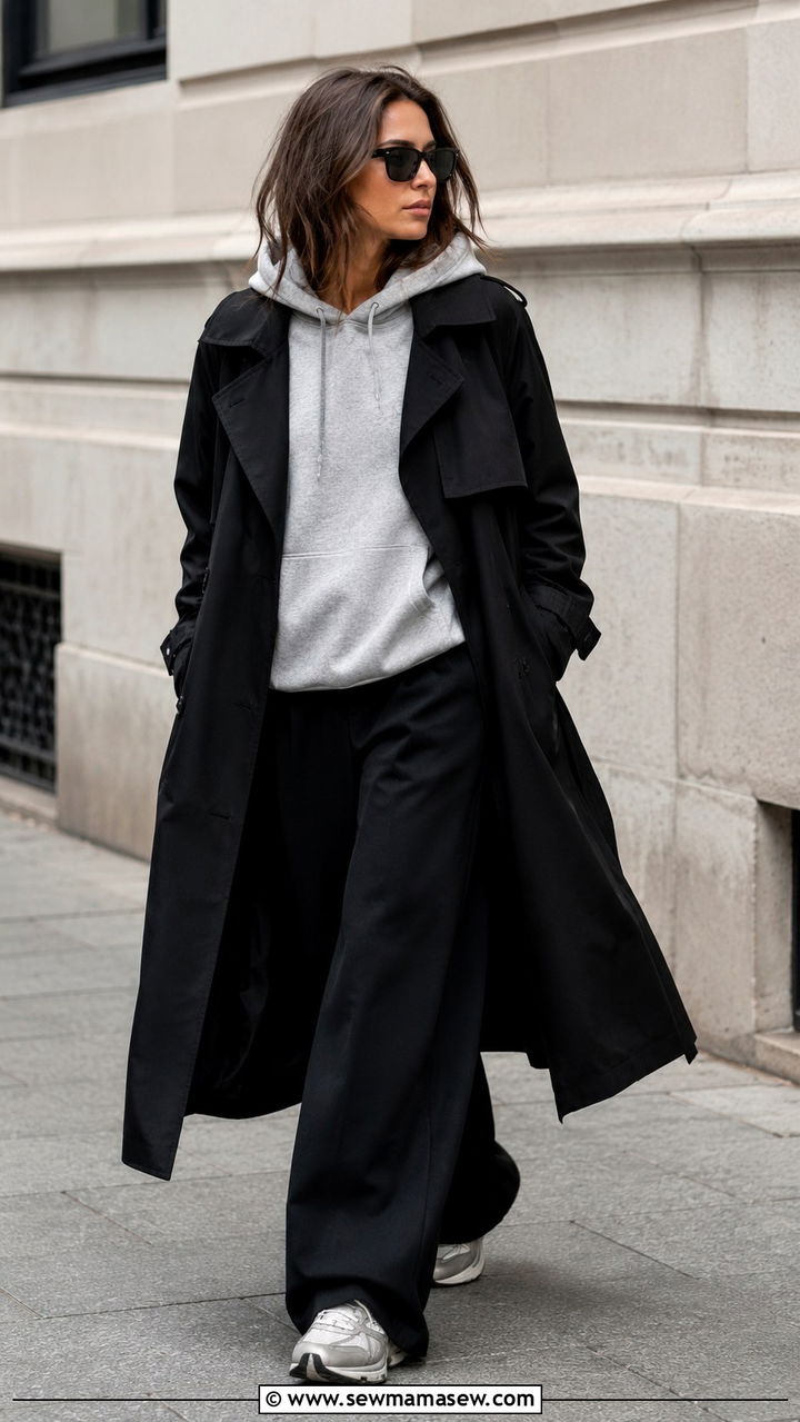 Black Trench Coat with Wide Leg Pants and Hoodie - 25 Black trench coat outfit ideas with wide leg pants