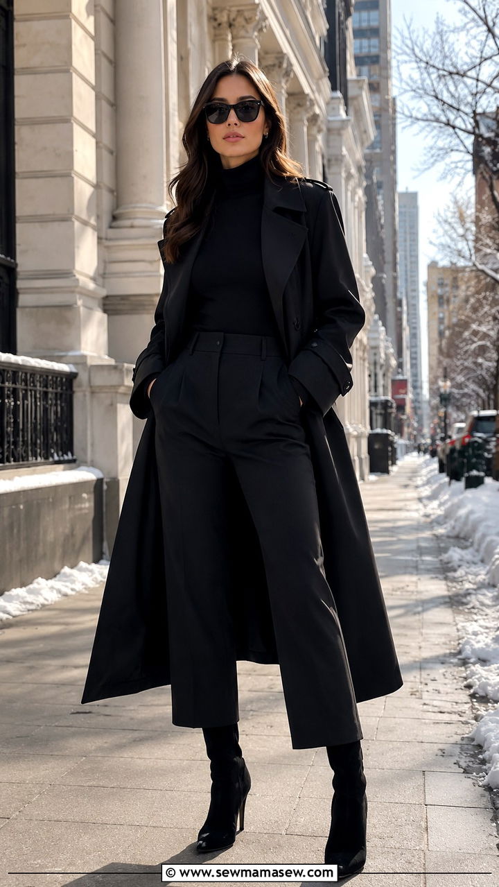 Black Trench Coat with Wide Leg Pants and Knee High Boots - 25 Black trench coat outfit ideas with wide leg pants