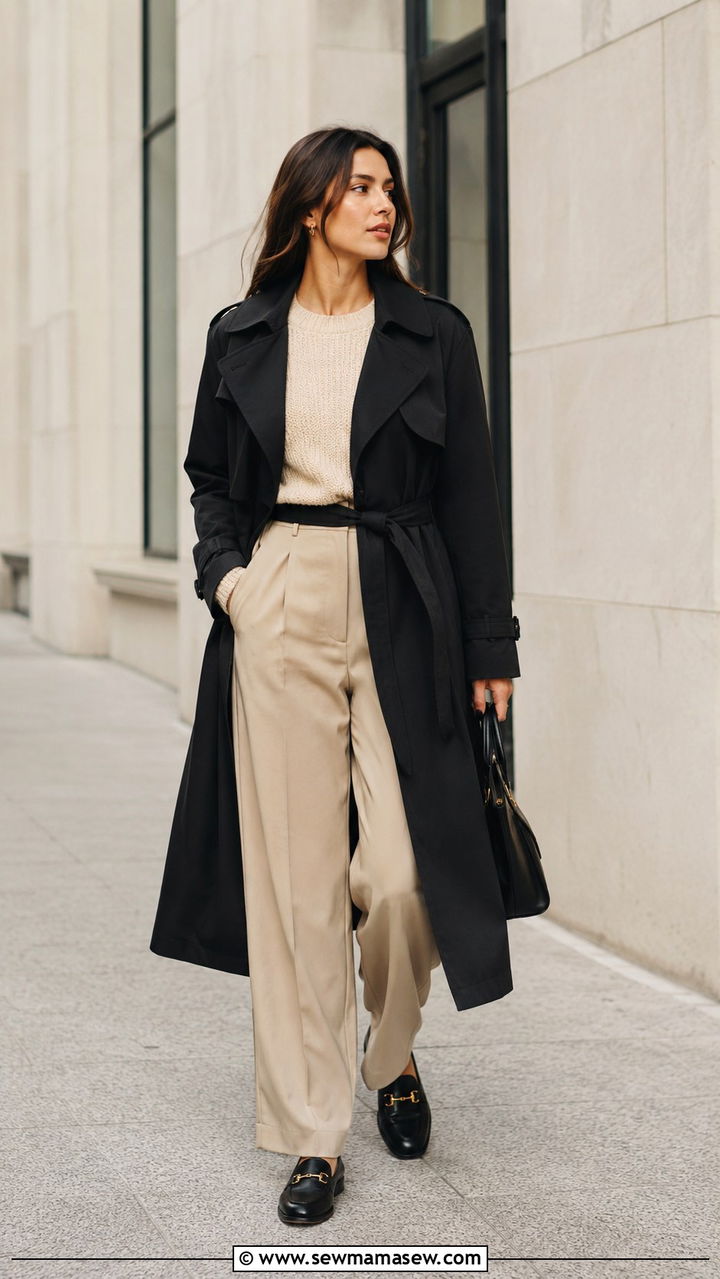 Black Trench Coat with Wide Leg Pants and Loafers - 25 Black trench coat outfit ideas with wide leg pants