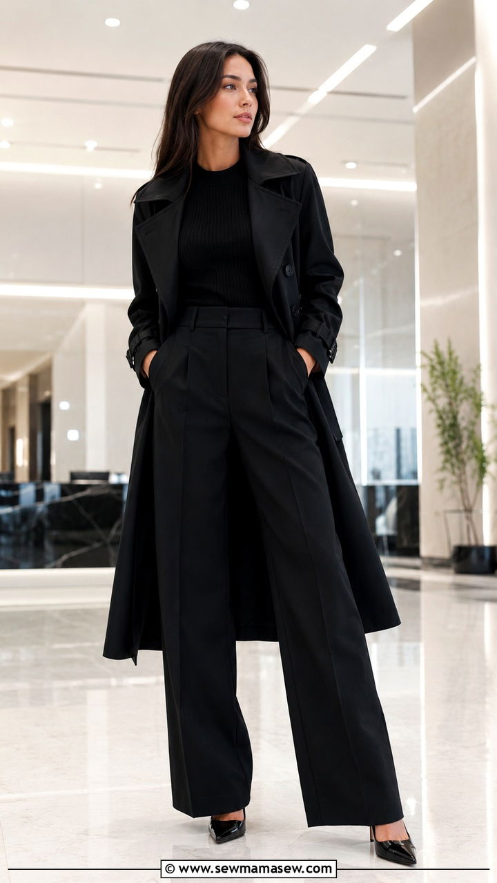 Black Trench Coat with Wide Leg Pants and Pointed Toe Pumps - 25 Black trench coat outfit ideas with wide leg pants