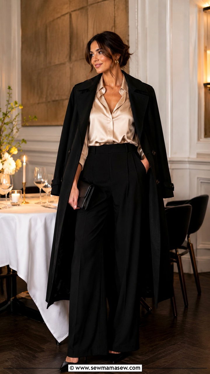 Black Trench Coat with Wide Leg Pants and Silk Blouse - 25 Black trench coat outfit ideas with wide leg pants