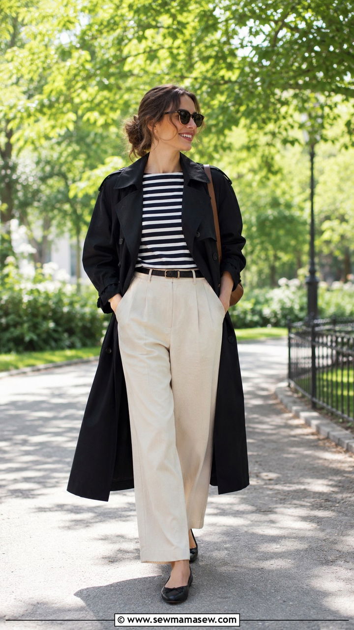 Black Trench Coat with Wide Leg Pants and Striped Top - 25 Black trench coat outfit ideas with wide leg pants