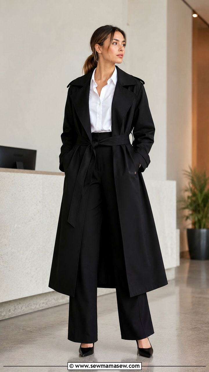Black Trench Coat with Wide Leg Pants and White Button Down - 25 Black trench coat outfit ideas with wide leg pants