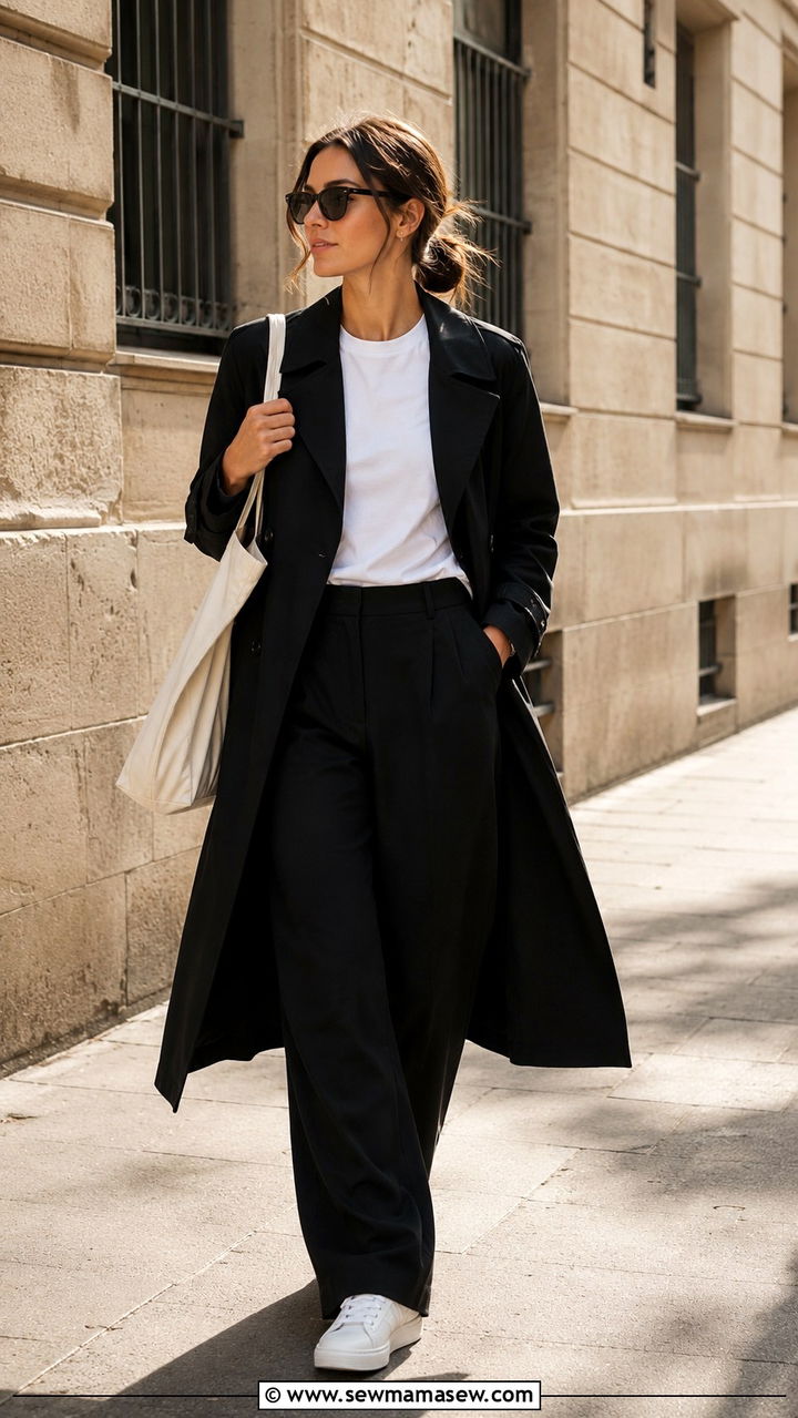 Black Trench Coat with Wide Leg Pants and White Sneakers - 25 Black trench coat outfit ideas with wide leg pants