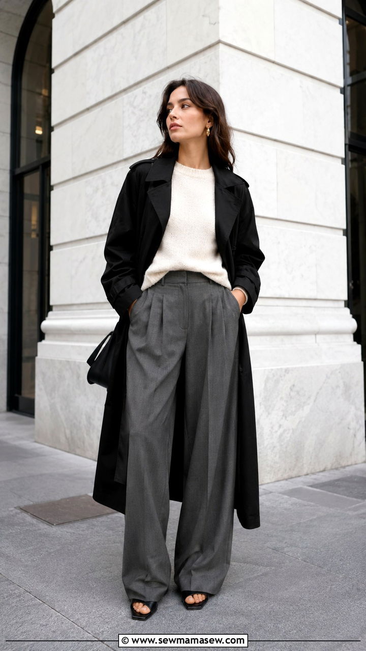 Black Trench Coat with Wide Leg Pleated Trousers - 25 Black trench coat outfit ideas with wide leg pants