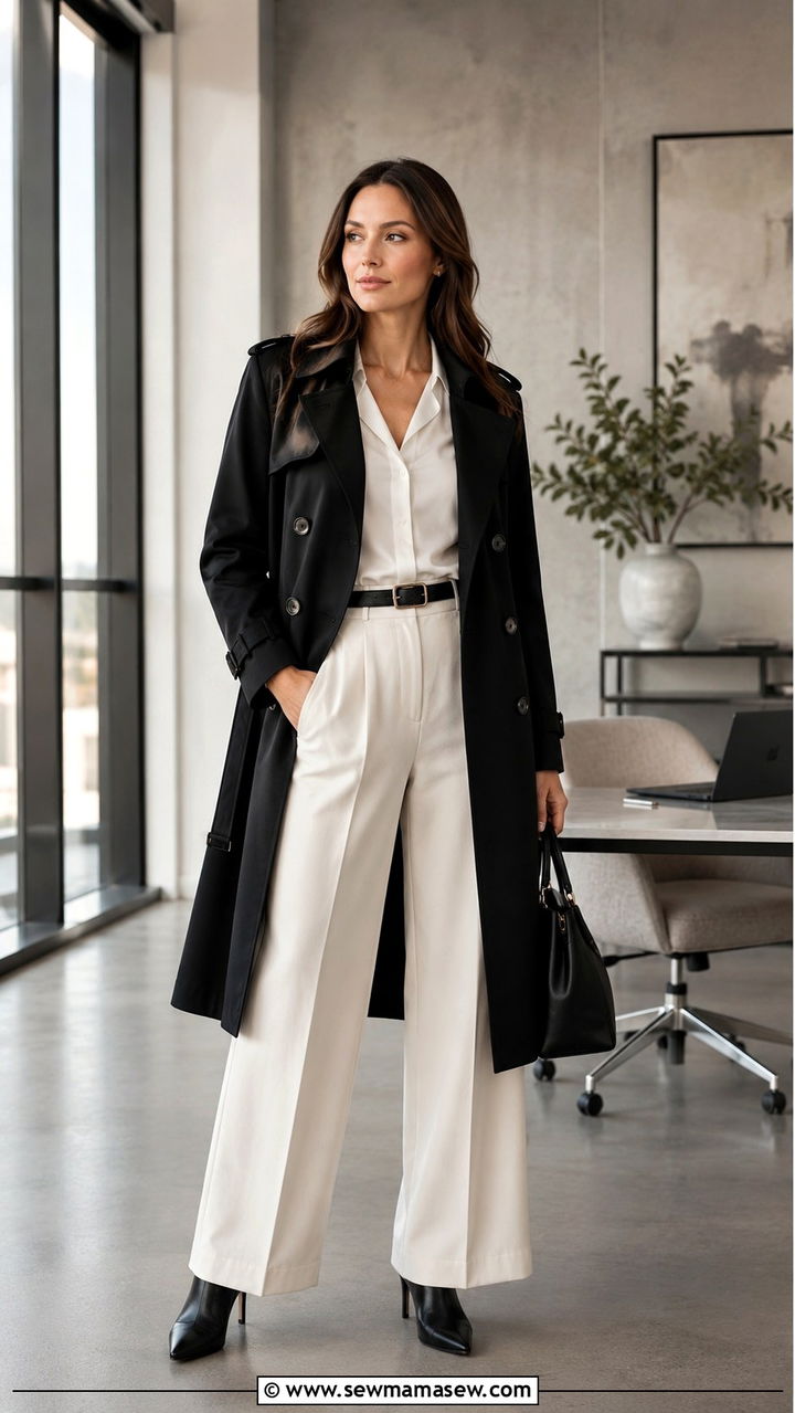 Black Trench Coat with Wide Leg Trousers and Heeled Boots - 25 Black trench coat outfit ideas with boots