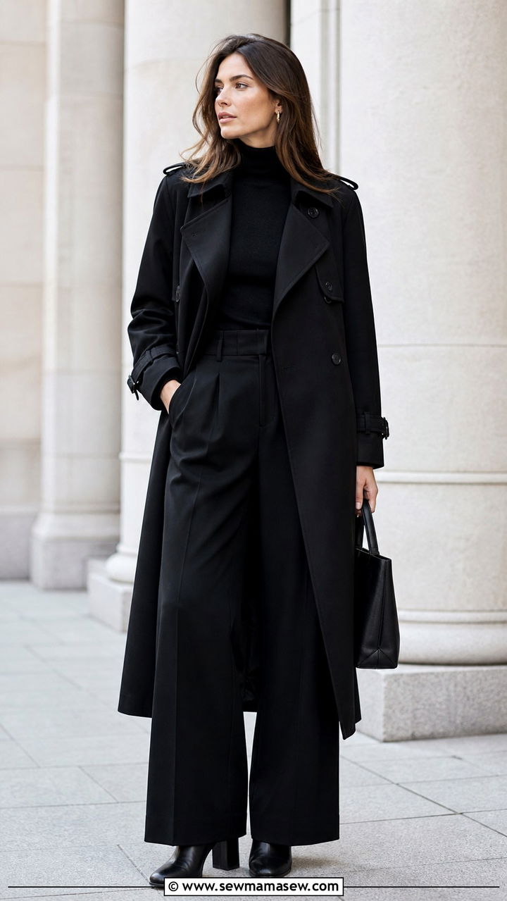 Black Trench Coat with Wide Leg Trousers and Turtleneck - 25 Black trench coat outfit ideas with wide leg pants