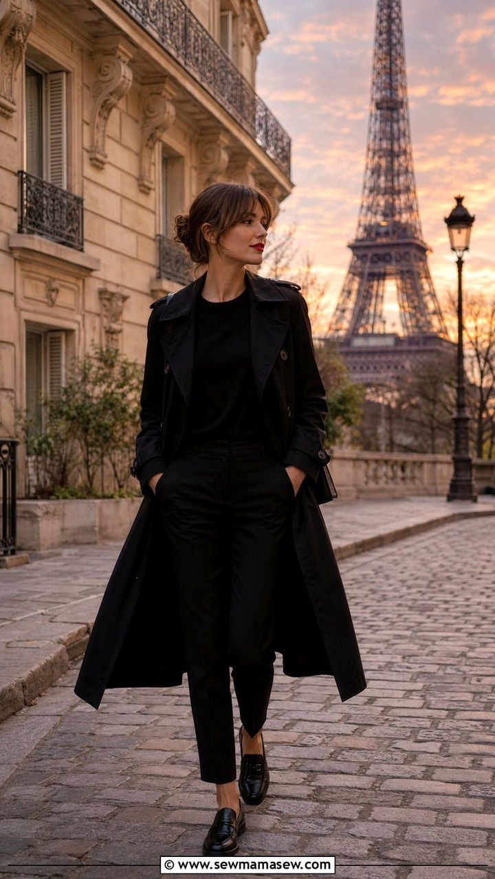 Black Trench Coat with an All Black Ensemble - 30 spring paris trip outfit ideas