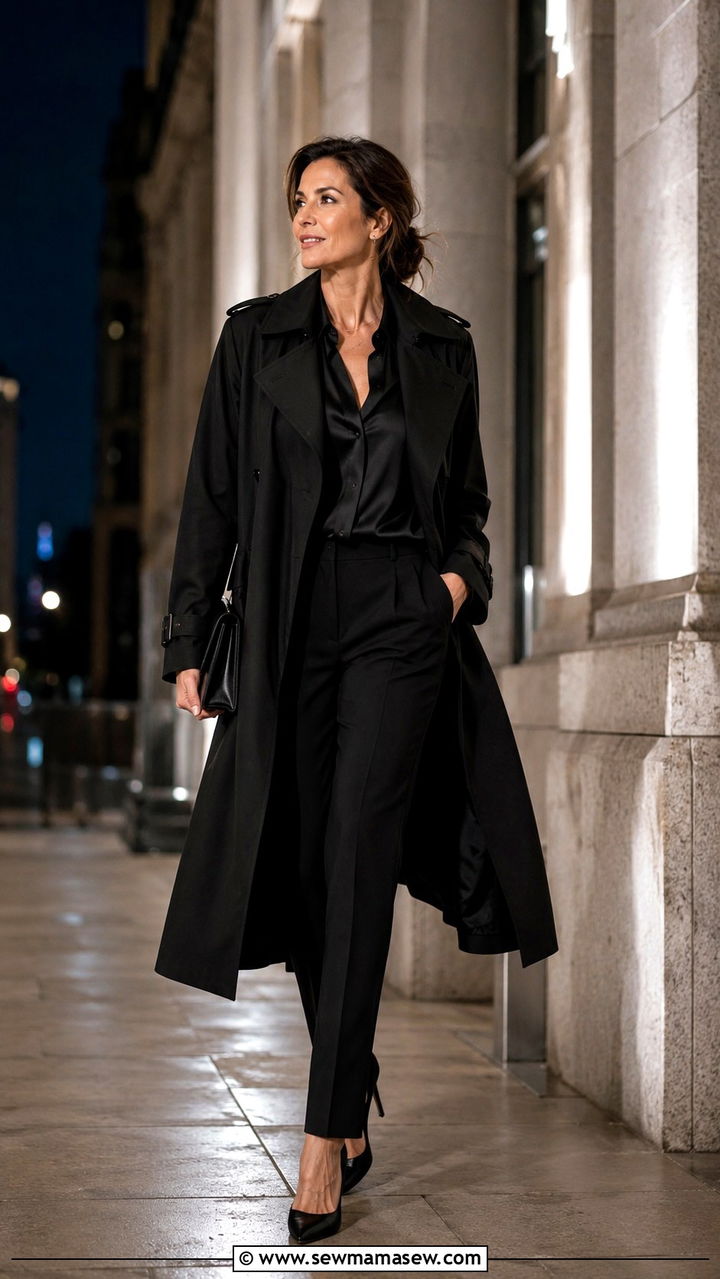Black Trench Coat with an All Black Outfit - 30 trench coat outfits for women over 40