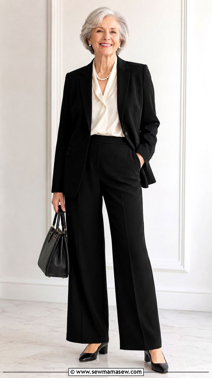 Black Trouser Suit with a Soft Blouse - 20 Work outfit ideas for women over 60 2026