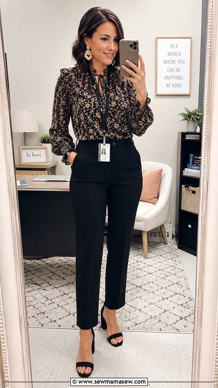 Black Trousers Patterned Blouse Statement Earrings Block Heels - 30 School counselor outfit ideas