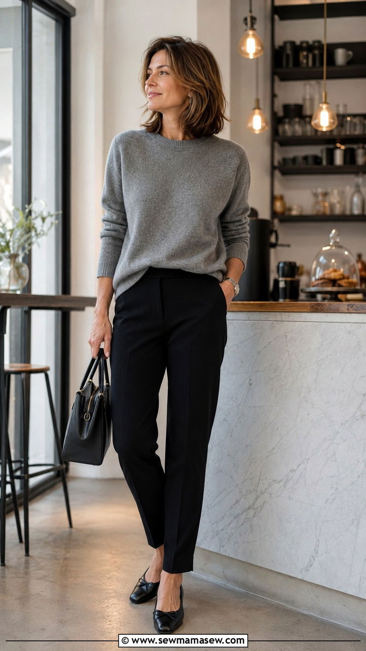 Black Trousers With Grey Cashmere Sweater - 25 trousers outfits for women over 40