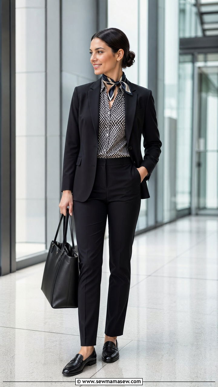 Black Trousers and Patterned Blouse With Loafers - 35 Flight attendant outfit ideas