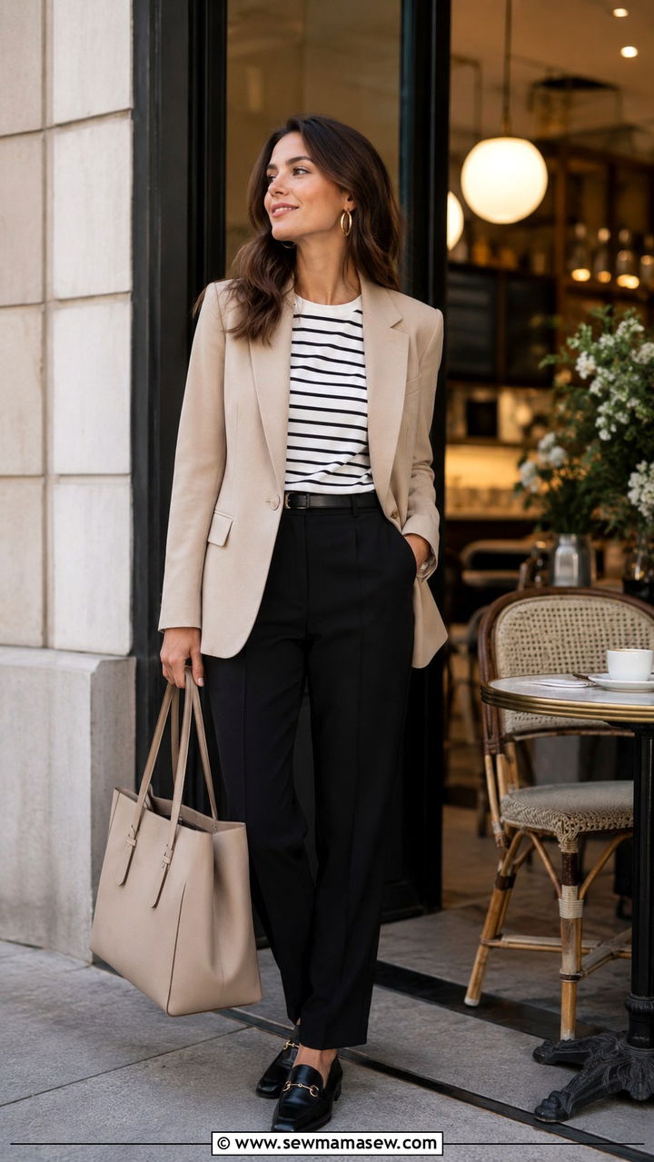 Black Trousers and Striped Tee with Beige Blazer Outfit - 30 Spring work capsule wardrobe
