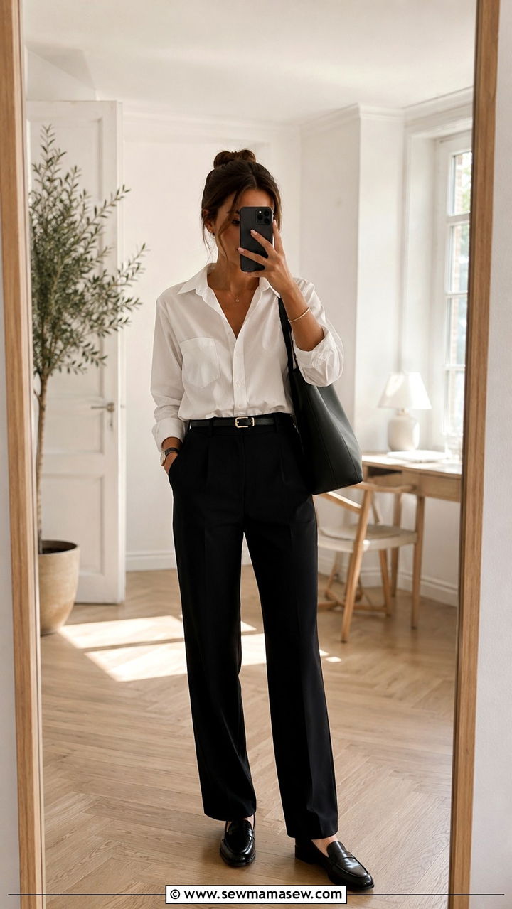 Black Trousers with White Button Down - 30 chic trousers outfit ideas