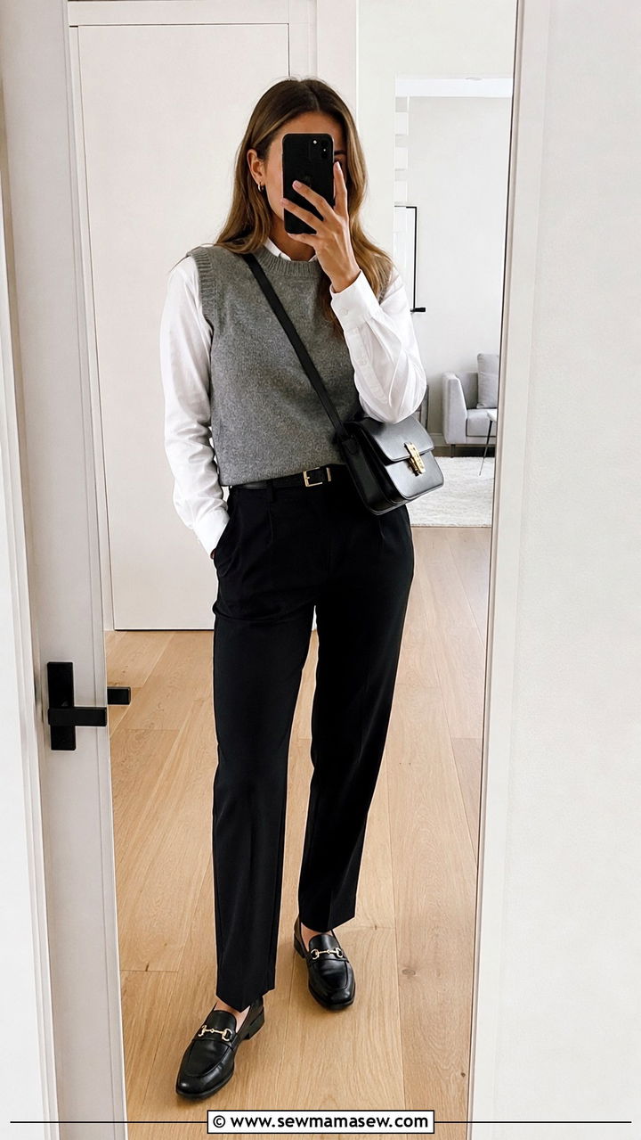 Black Trousers with a Gray Sweater Vest and Leather Loafers - 25 work outfits Pinterest