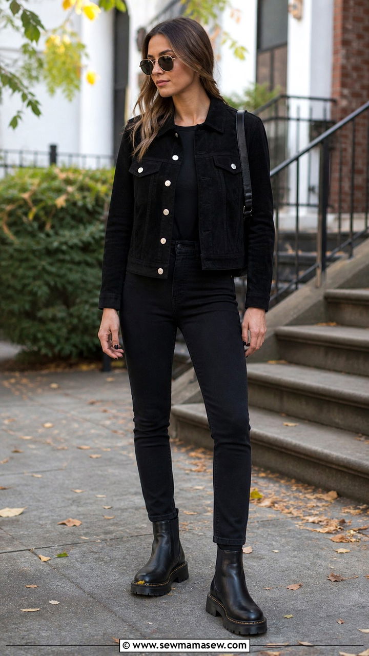 Black Trucker Jacket With Black Jeans and Boots - 40 casual black jeans outfits
