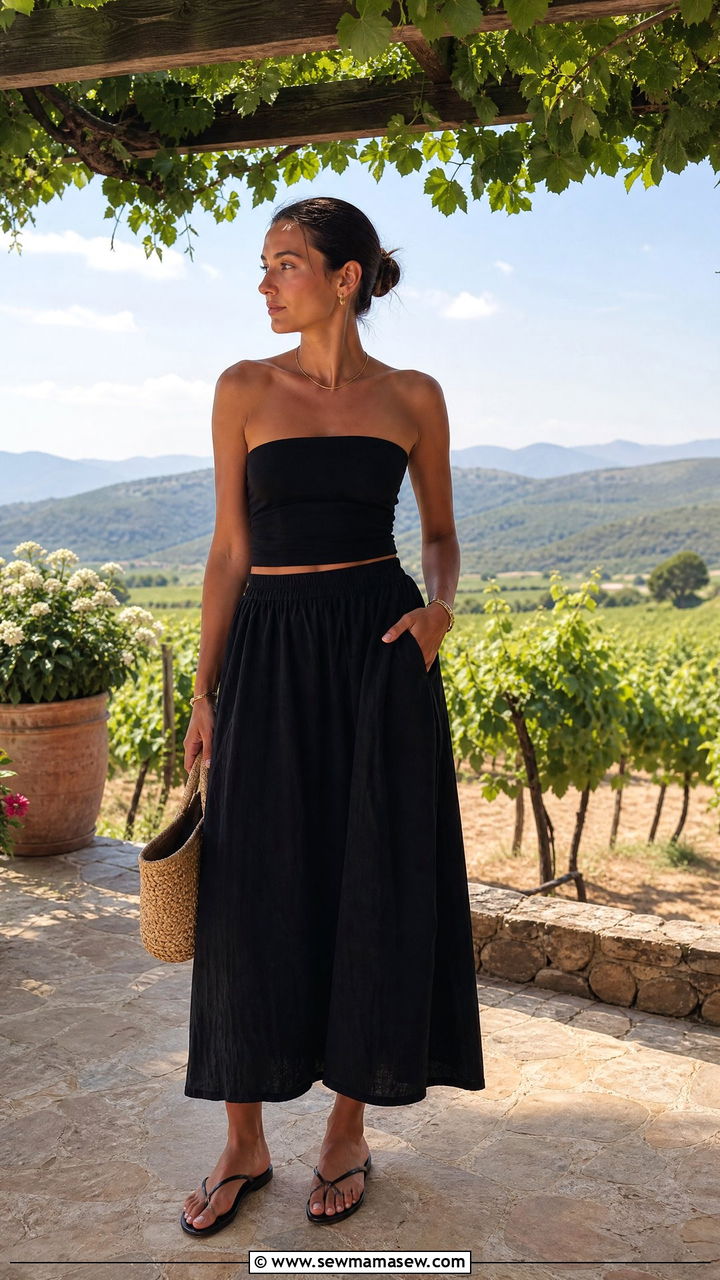 Black Tube Top With Linen Midi Skirt - 30 Summer outfits in black