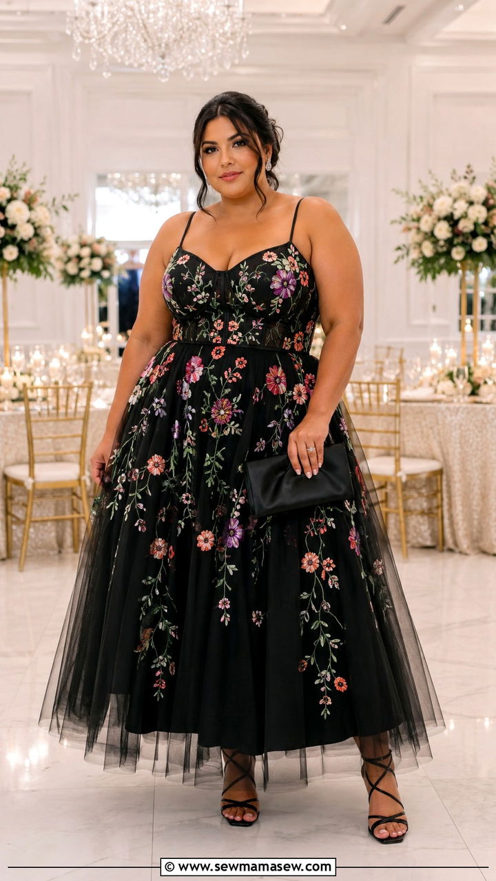 Black Tulle Gown with Floral Embroidery and Satin Clutch - 30 Plus size wedding guest outfits spring
