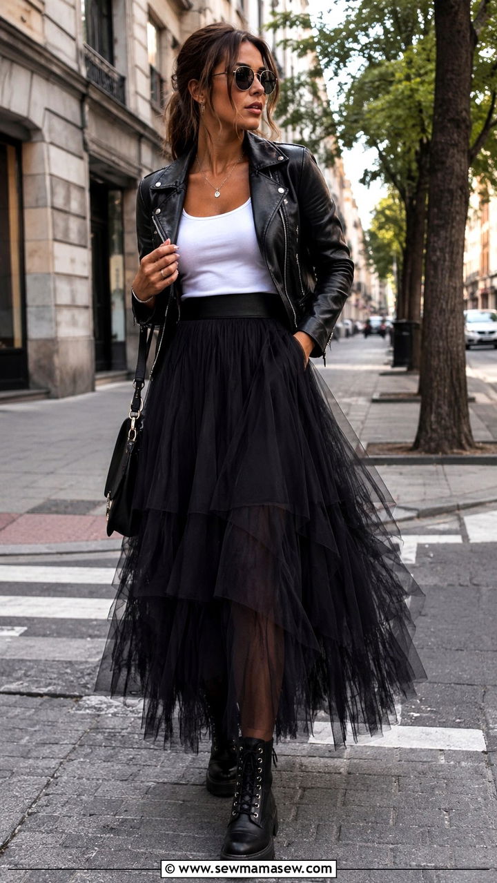 Black Tulle Maxi Skirt With Leather Jacket Outfit - 25 Tulle maxi skirt outfit ideas
