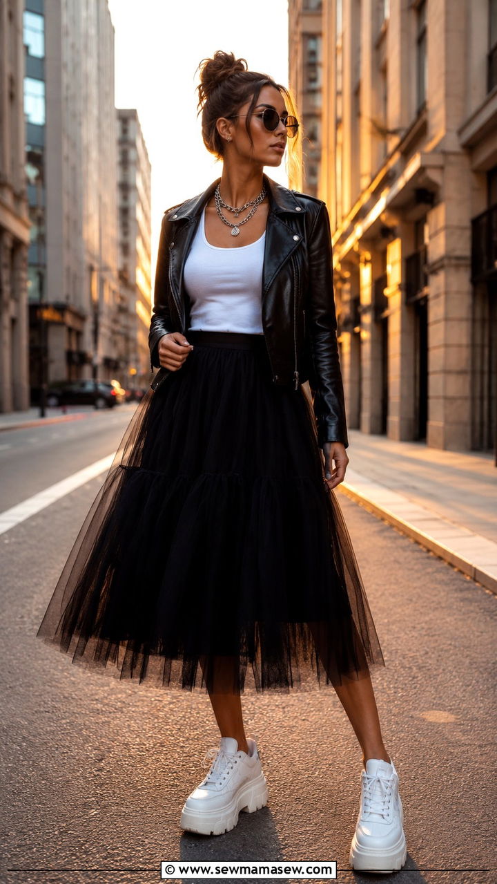 Black Tulle Midi Skirt With Leather Jacket And Chunky Sneakers - 25 Tulle skirt outfit ideas with sneakers