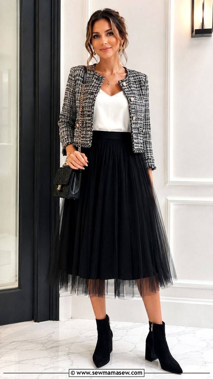 Black Tulle Midi Skirt With Tweed Jacket And Ankle Boots - 30 Tulle skirt outfit ideas for summer