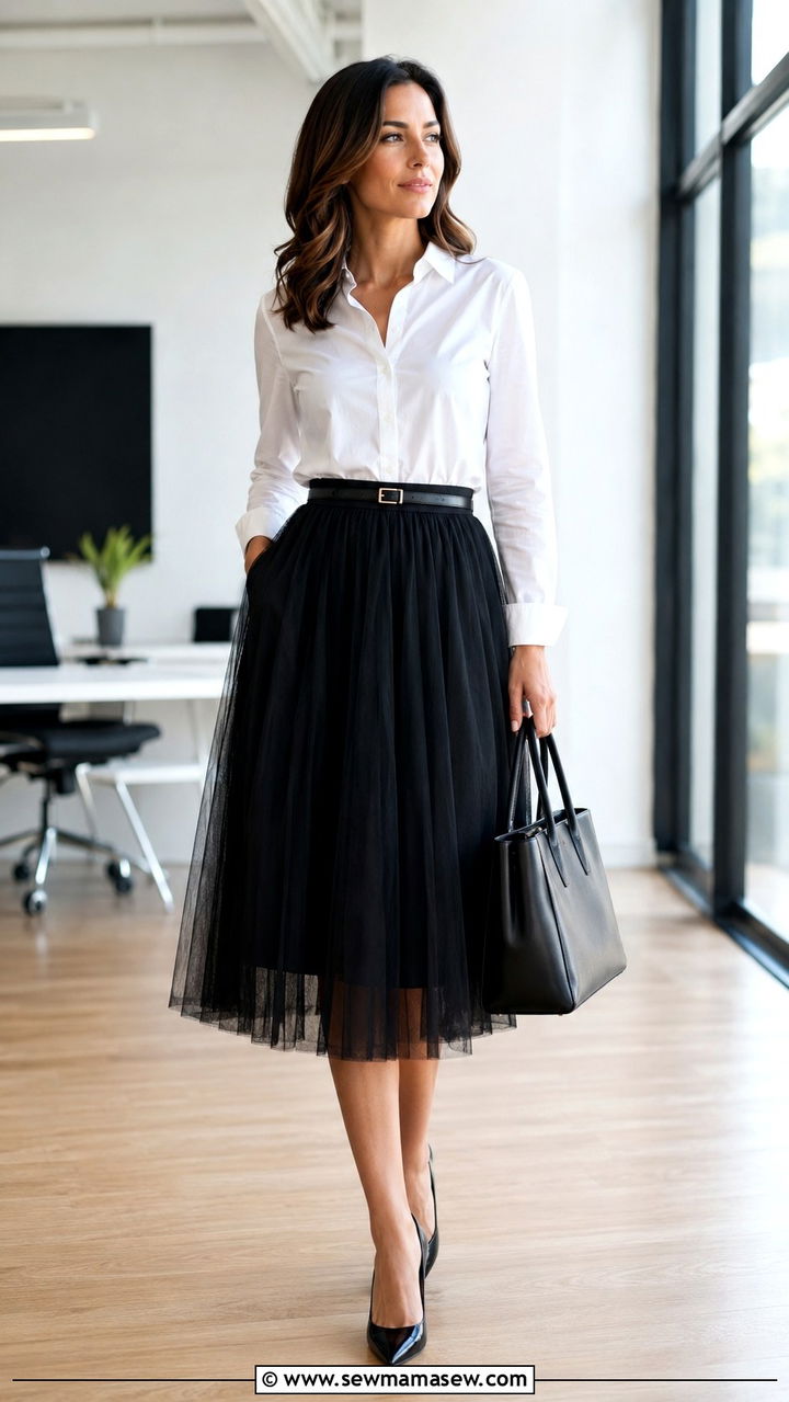 Black Tulle Midi Skirt With White Button Down And Pumps - 25 Tulle skirt outfit ideas for work