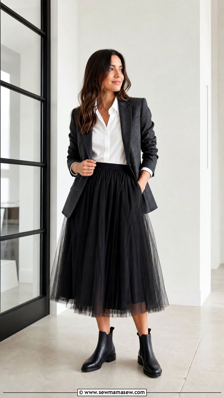 Black Tulle Midi Skirt with Blazer and Chelsea Boots - 25 Tulle skirt outfit ideas with boots