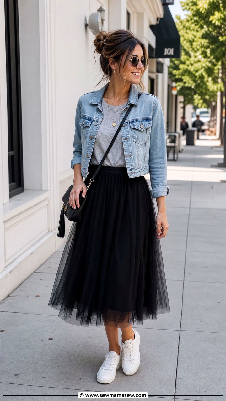 Black Tulle Midi Skirt with Cropped Denim Jacket - 25 How to style a tulle skirt