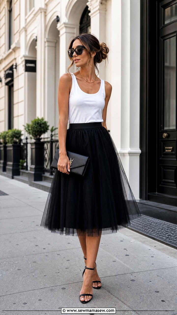 Black Tulle Midi Skirt with White Tank and Heels - 25 How to style a tulle skirt