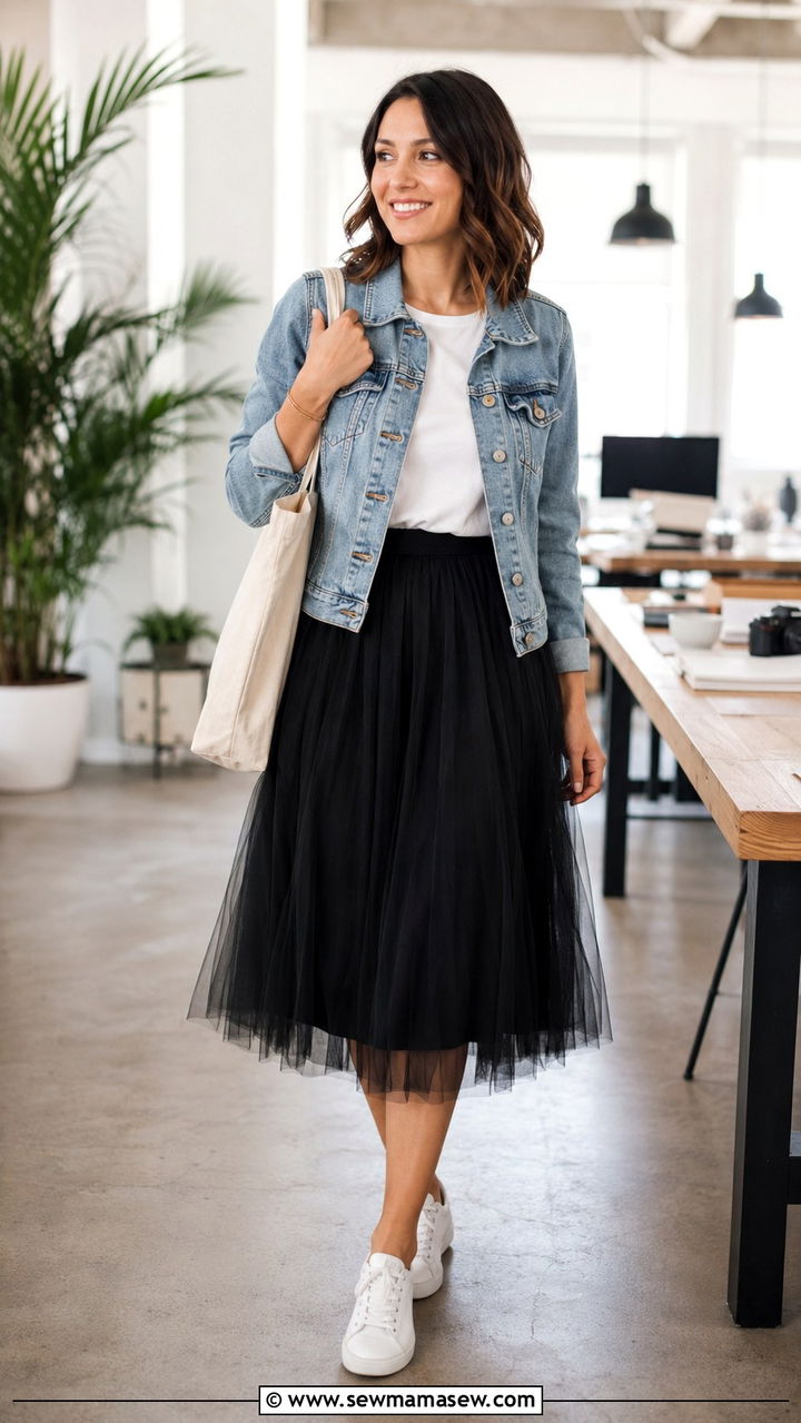 Black Tulle Skirt With Denim Jacket And White Sneakers - 25 Tulle skirt outfit ideas for work