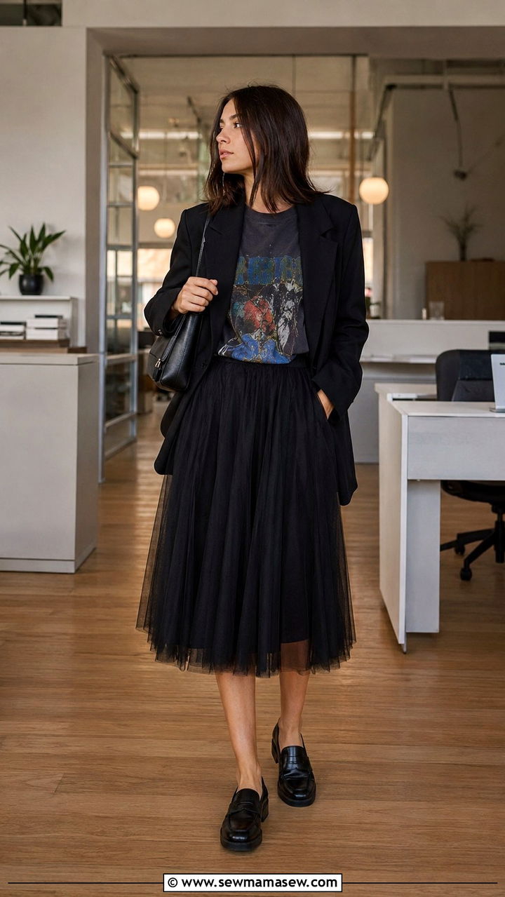 Black Tulle Skirt With Graphic Band Tee And Oversized Blazer - 25 Tulle skirt outfit ideas for work