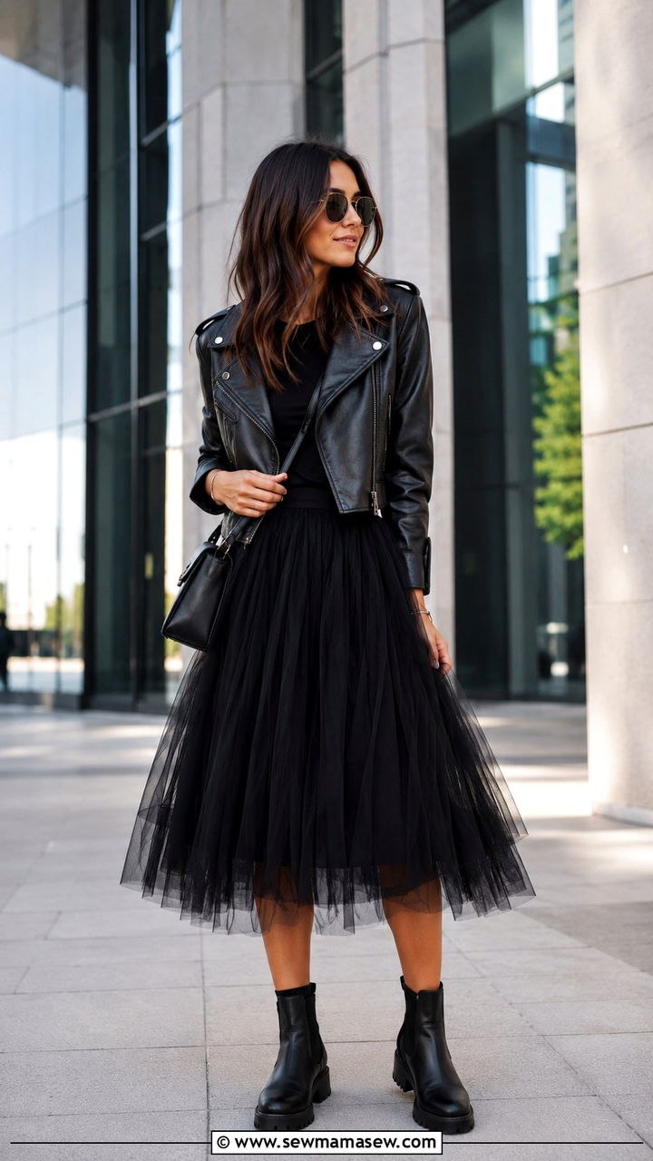 Black Tulle Skirt With Leather Moto Jacket And Chunky Ankle Boots - 25 Tulle skirt outfit ideas for work