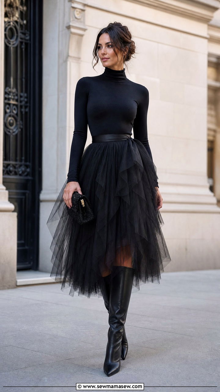 Black Tulle Skirt with Bodysuit and Knee High Boots - 25 Tulle skirt outfit ideas with boots