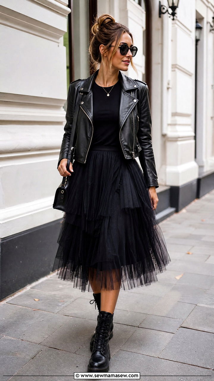 Black Tulle Skirt with Leather Jacket and Combat Boots - 25 Tulle skirt outfit ideas with boots