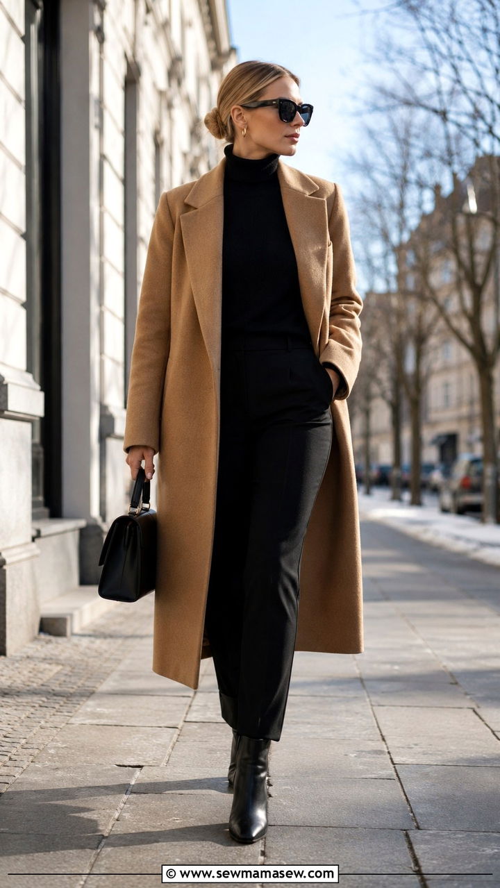 Black Turtleneck And Camel Wool Coat - 30 Scandi minimalist outfit ideas