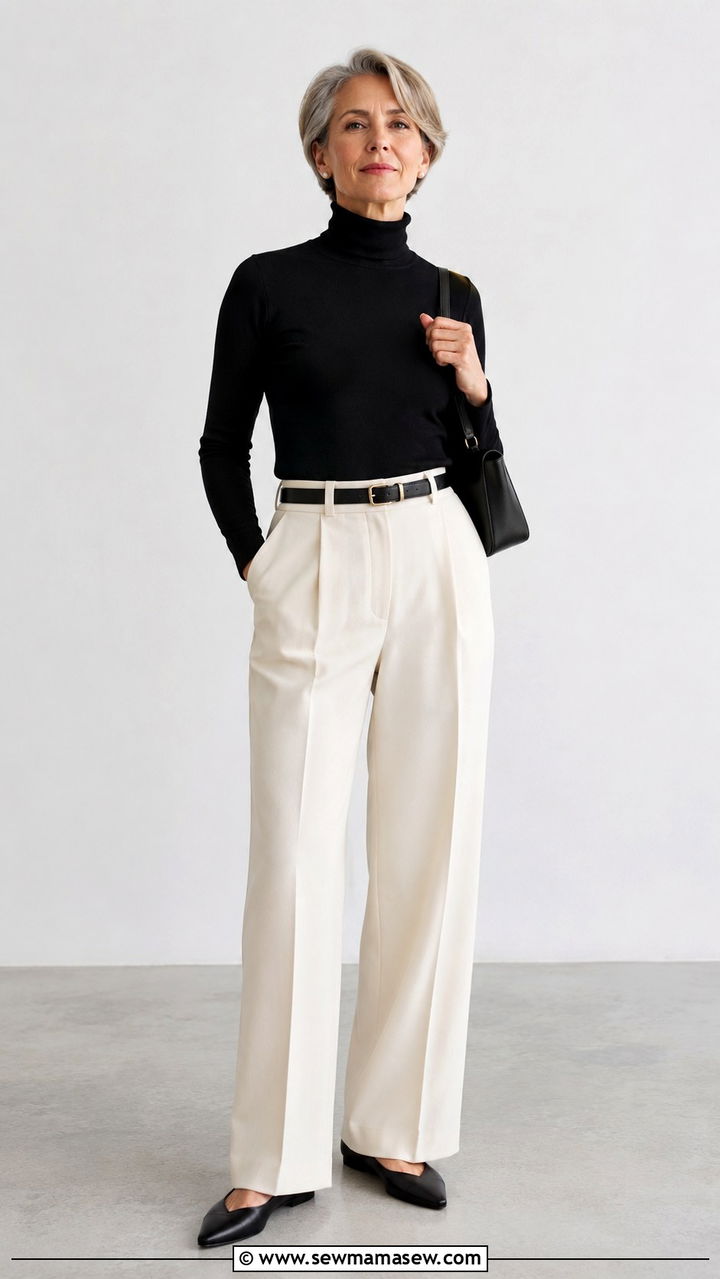 Black Turtleneck And Cream Trousers - 30 Minimalist outfit ideas for women over 50