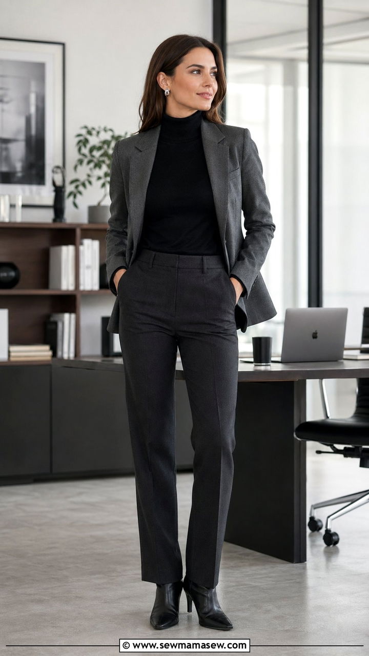 Black Turtleneck And Gray Blazer Outfit - 30 Zoom interview outfit ideas