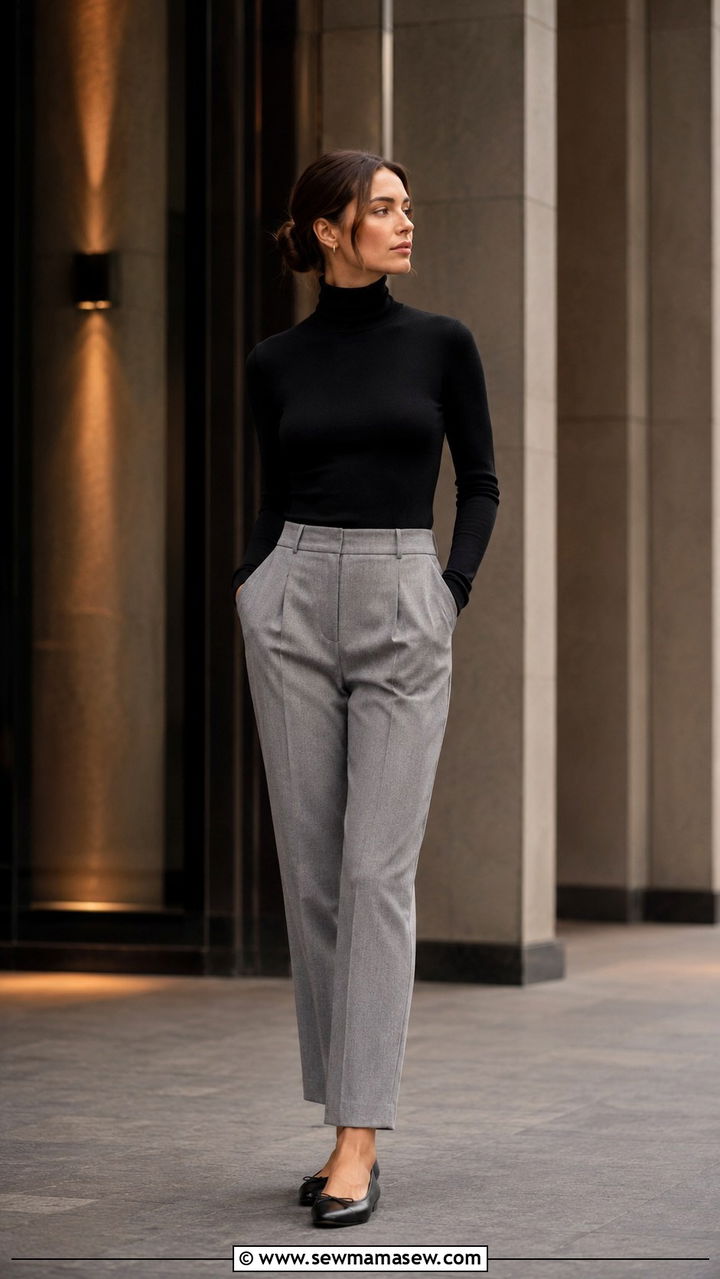 Black Turtleneck And Grey Tailored Trousers With Ballet Flats - 25 Old money outfit ideas with ballet flats