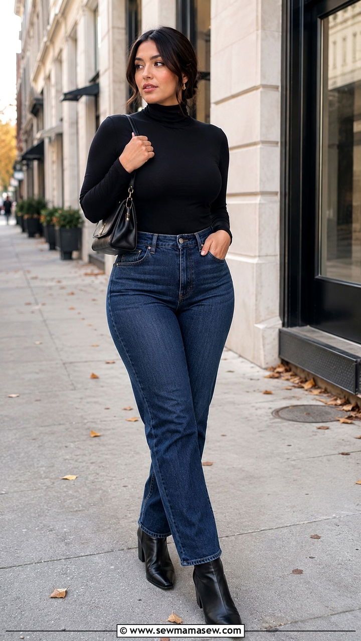 Black Turtleneck And High Waisted Straight Jeans - 30 Minimalist outfits for curvy women