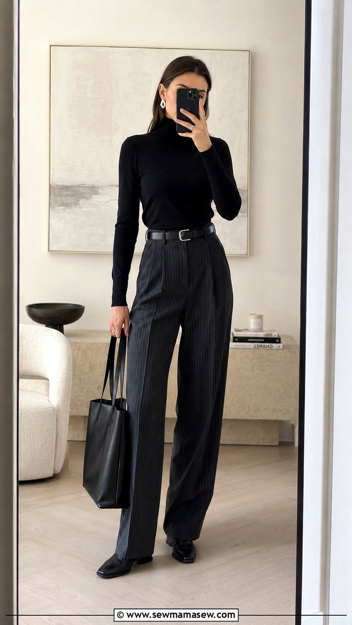 Black Turtleneck And High Waisted Trousers For Mediation - 30 Mediation outfit ideas