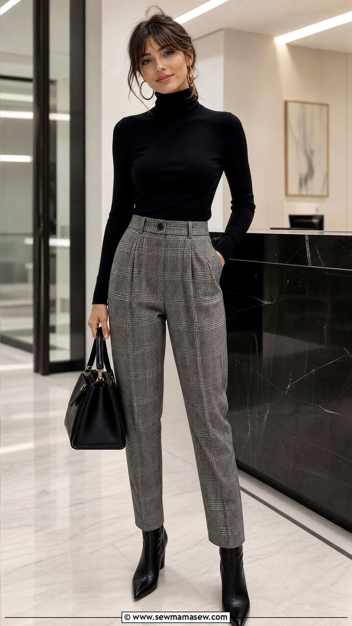 Black Turtleneck And Plaid Trousers With Gold Hoops - 25 French girl outfit ideas with gold hoops