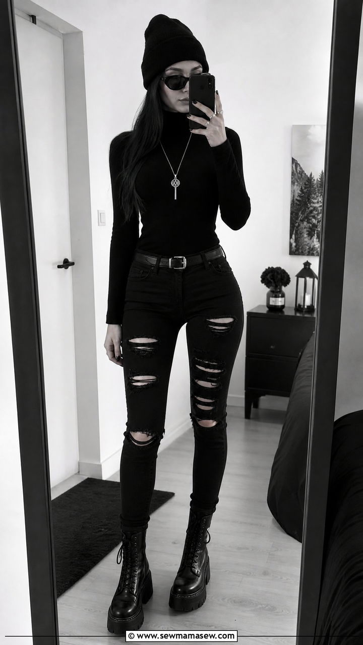 Black Turtleneck And Ripped Black Jeans Monochrome Combo - 25 Grunge outfit ideas 2026