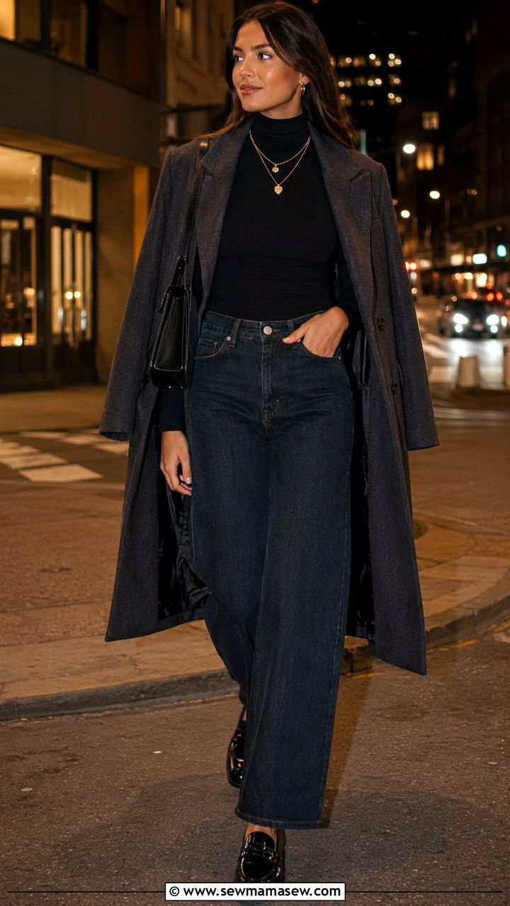 Black Turtleneck And Wide Leg Jeans With Loafers - 25 Wide leg jeans outfit ideas with loafers