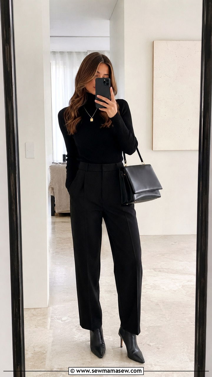 Black Turtleneck Black Tailored Trousers - 30 model off duty capsule wardrobe outfits