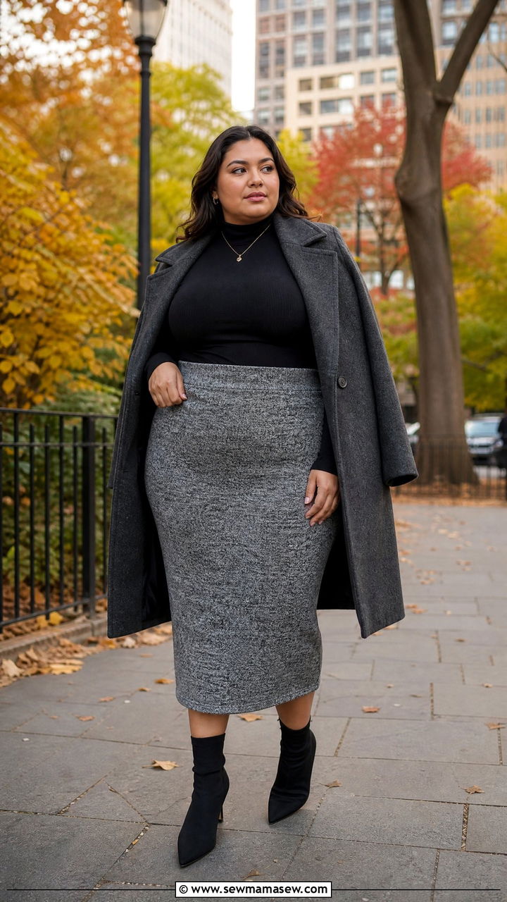 Black Turtleneck Bodycon and Grey Midi Skirt Outfit - 30 Clean girl outfits plus size