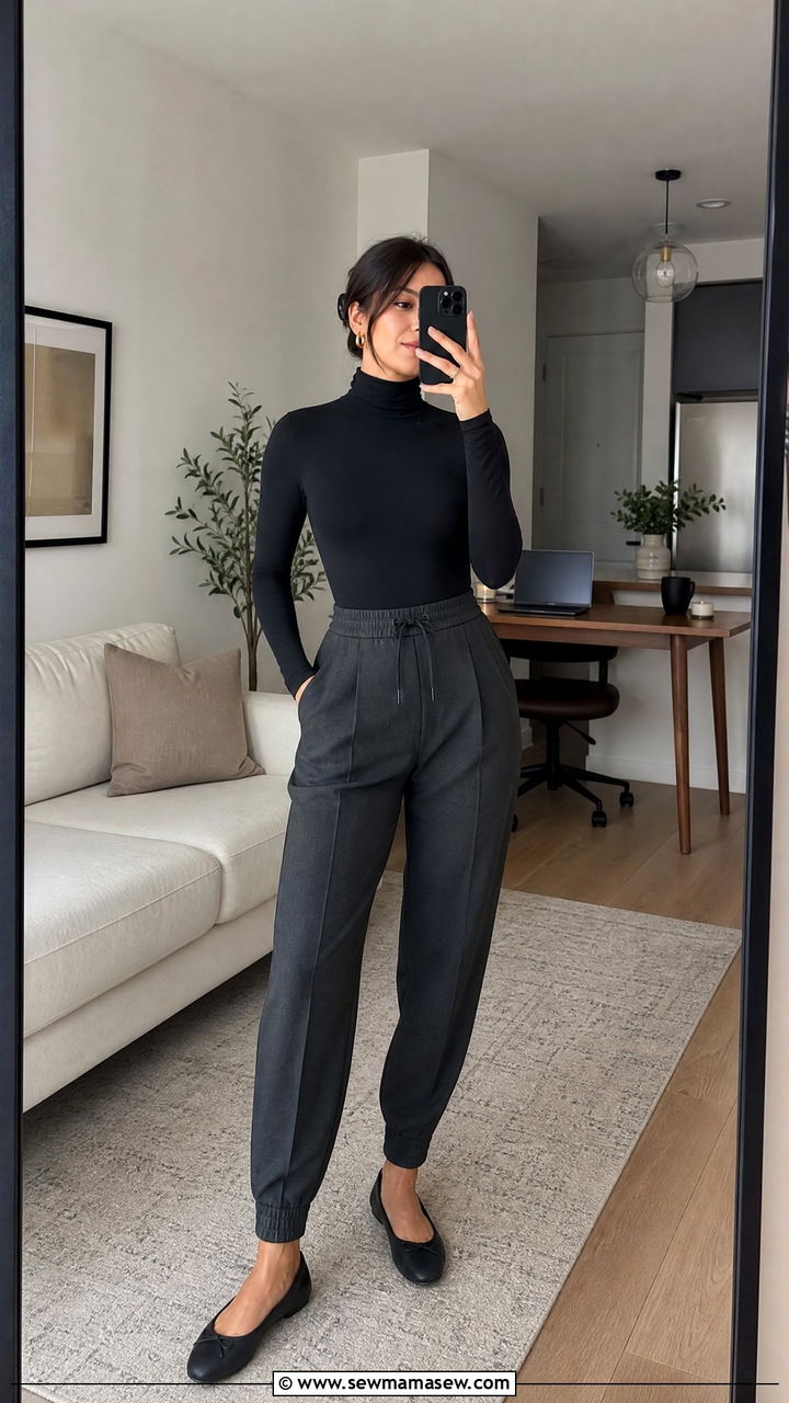 Black Turtleneck Bodysuit With High Waisted Tailored Joggers - 35 Hygge outfit ideas