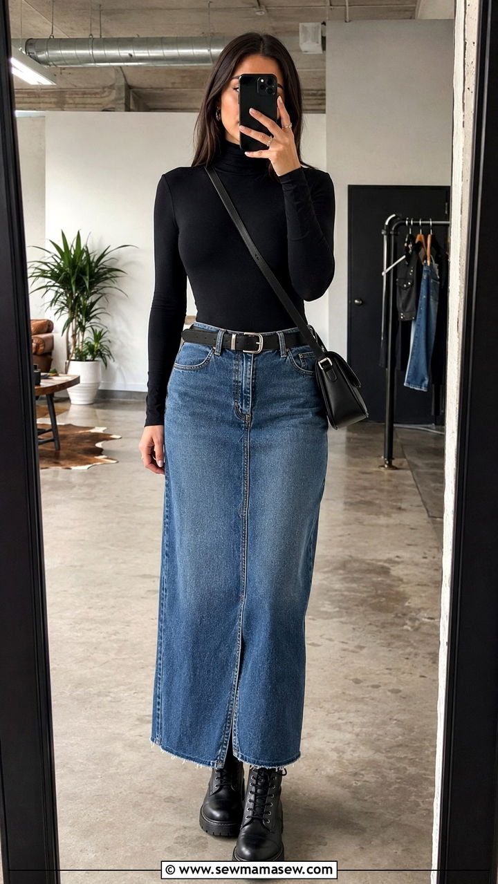 Black Turtleneck Bodysuit and Combat Boots With a Denim Maxi Skirt - 30 denim maxi skirt outfit ideas
